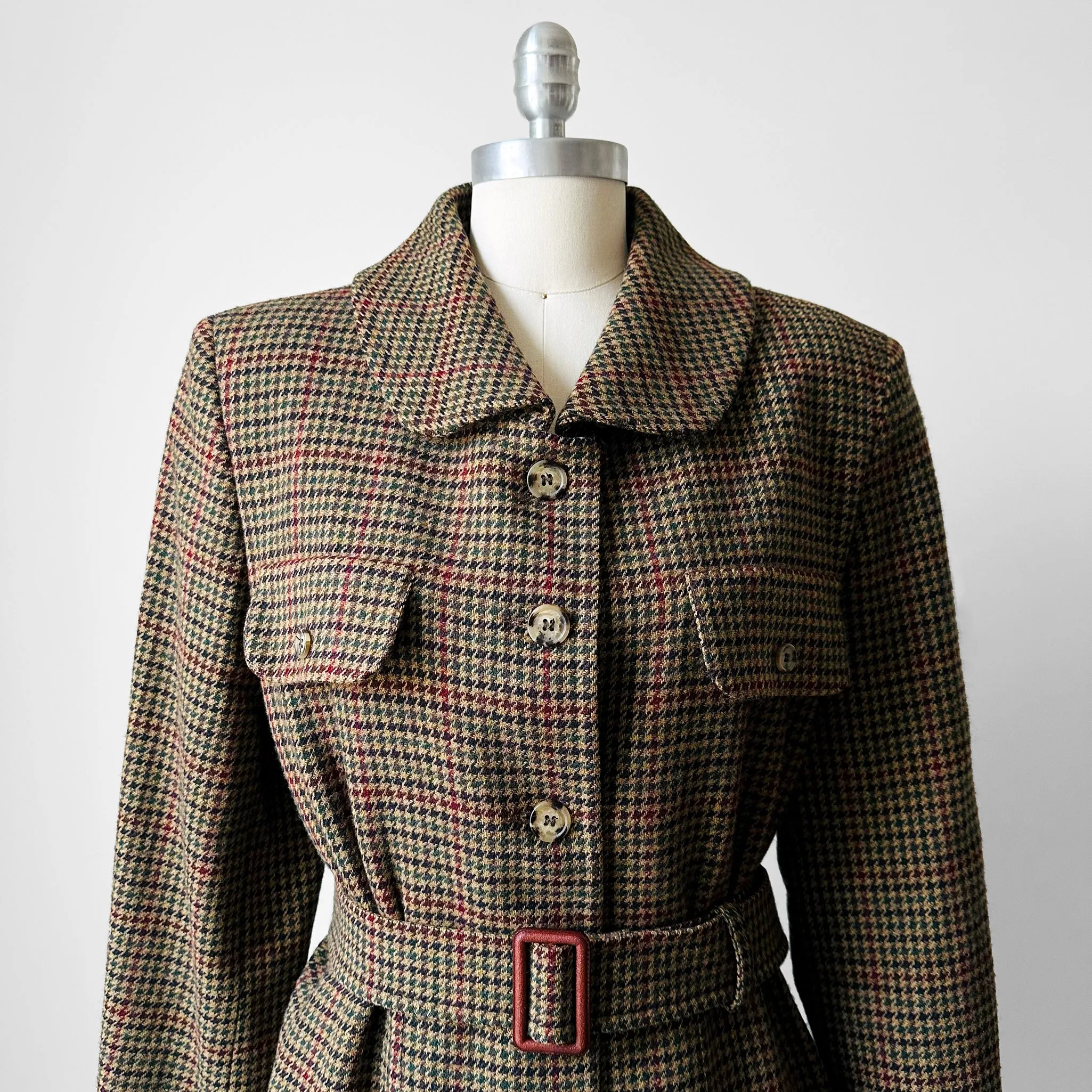 1980s Irish Wool Houndstooth Belted Jacket - Sz. M/L