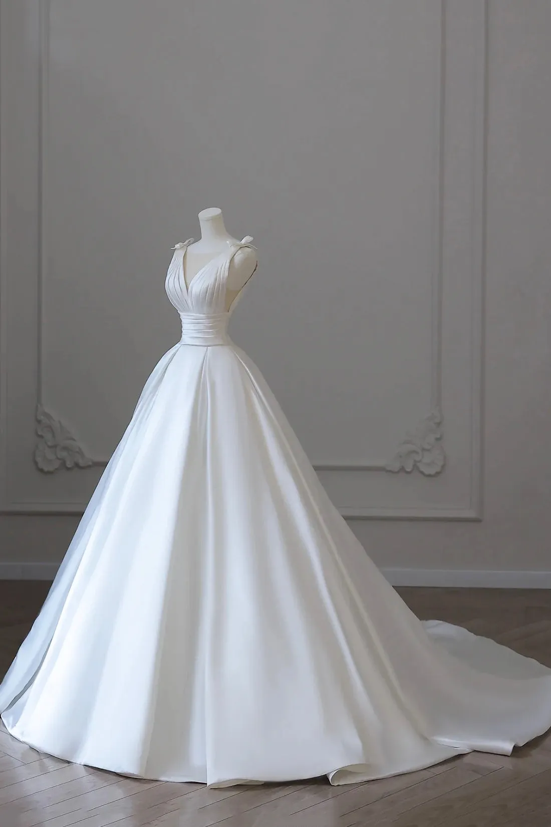 A-Line V-Neck Satin Wedding Dress, White Satin Bridal Gown with Bow
