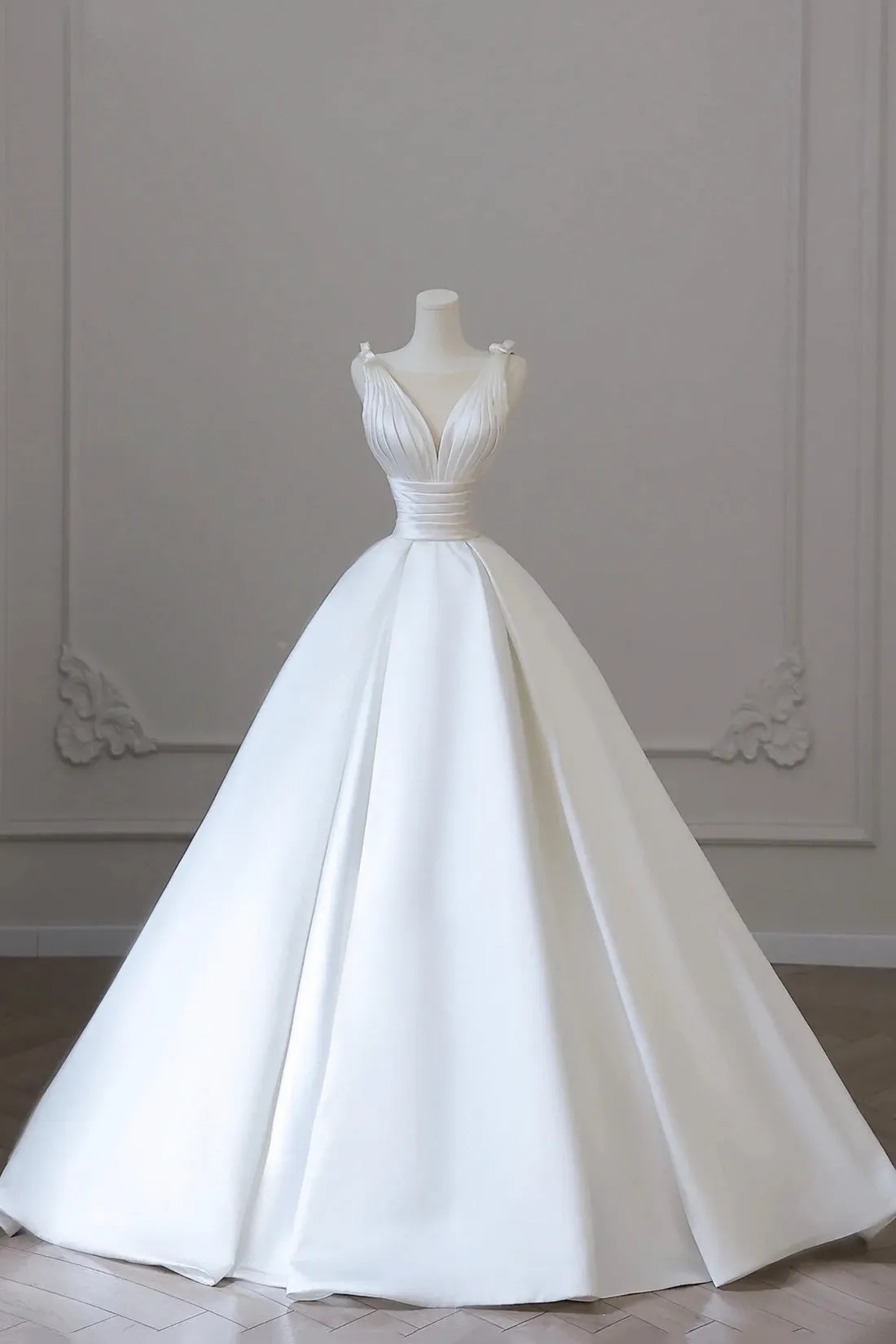 A-Line V-Neck Satin Wedding Dress, White Satin Bridal Gown with Bow