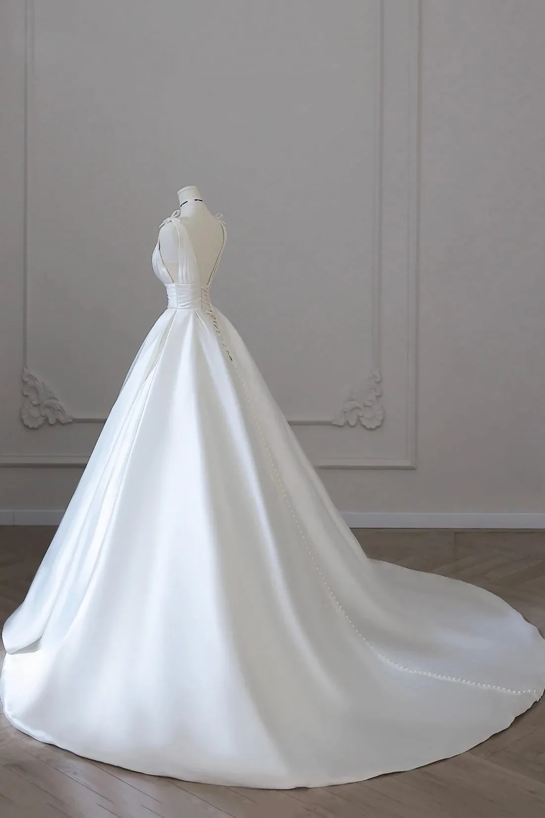 A-Line V-Neck Satin Wedding Dress, White Satin Bridal Gown with Bow
