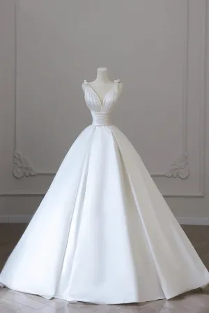 A-Line V-Neck Satin Wedding Dress, White Satin Bridal Gown with Bow