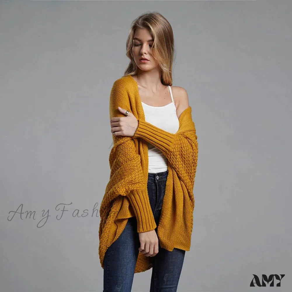 Amy Fashion - Oversized Sweater Knitted Patchwork Batwing Sleeves Cardigan