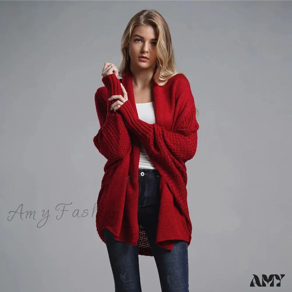 Amy Fashion - Oversized Sweater Knitted Patchwork Batwing Sleeves Cardigan