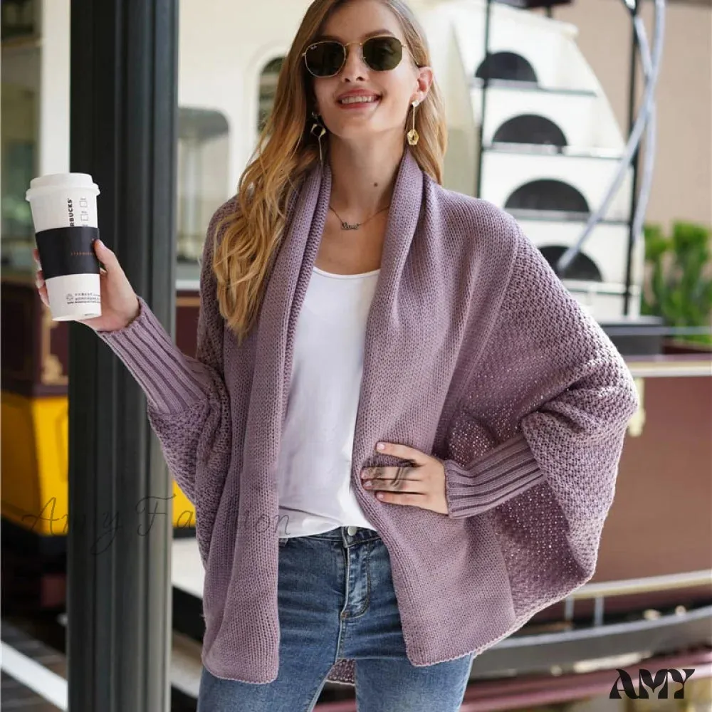 Amy Fashion - Oversized Sweater Knitted Patchwork Batwing Sleeves Cardigan