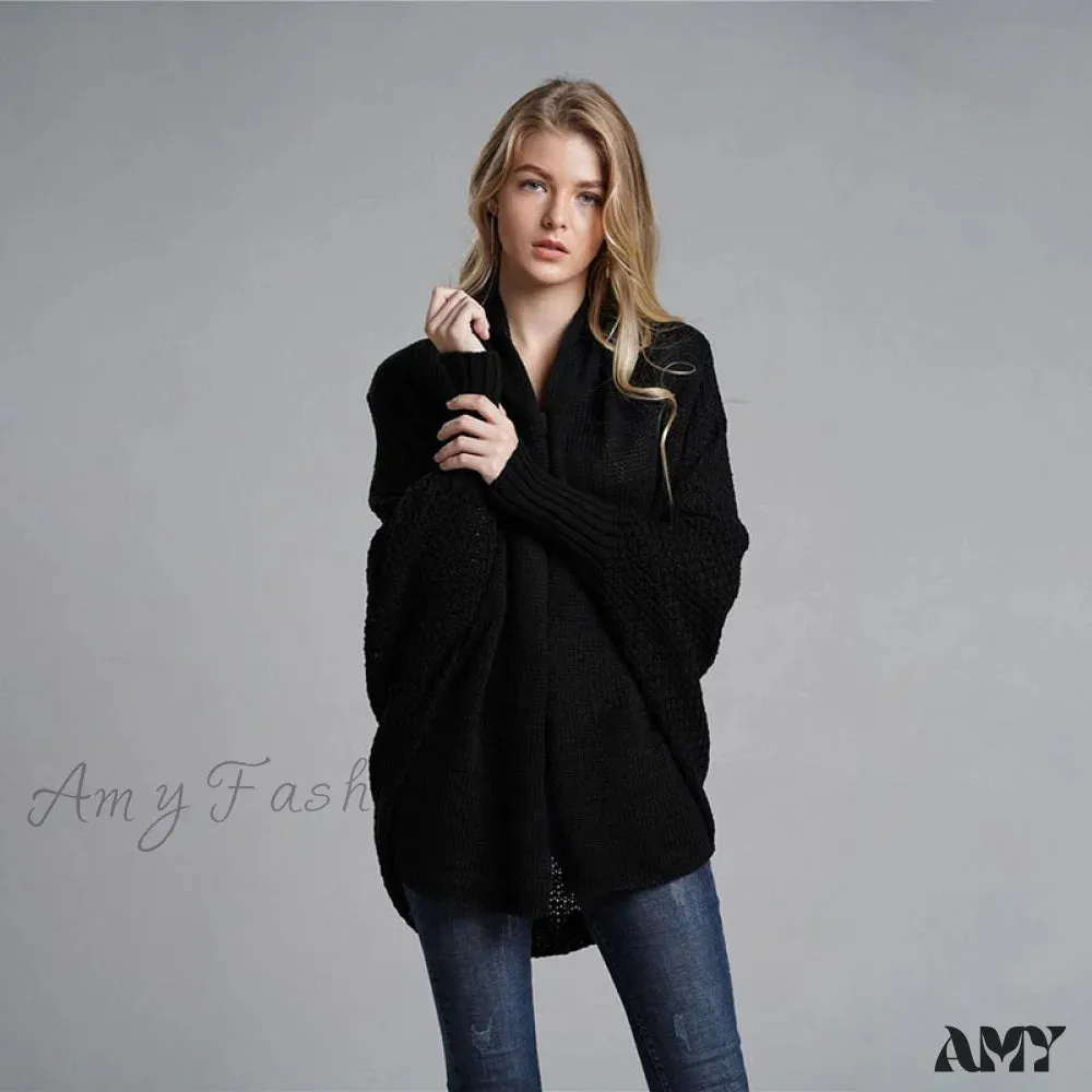 Amy Fashion - Oversized Sweater Knitted Patchwork Batwing Sleeves Cardigan