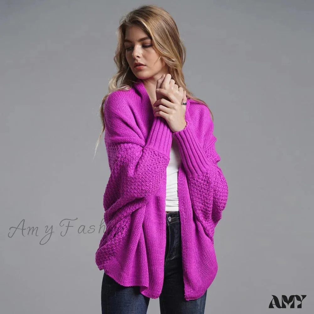 Amy Fashion - Oversized Sweater Knitted Patchwork Batwing Sleeves Cardigan