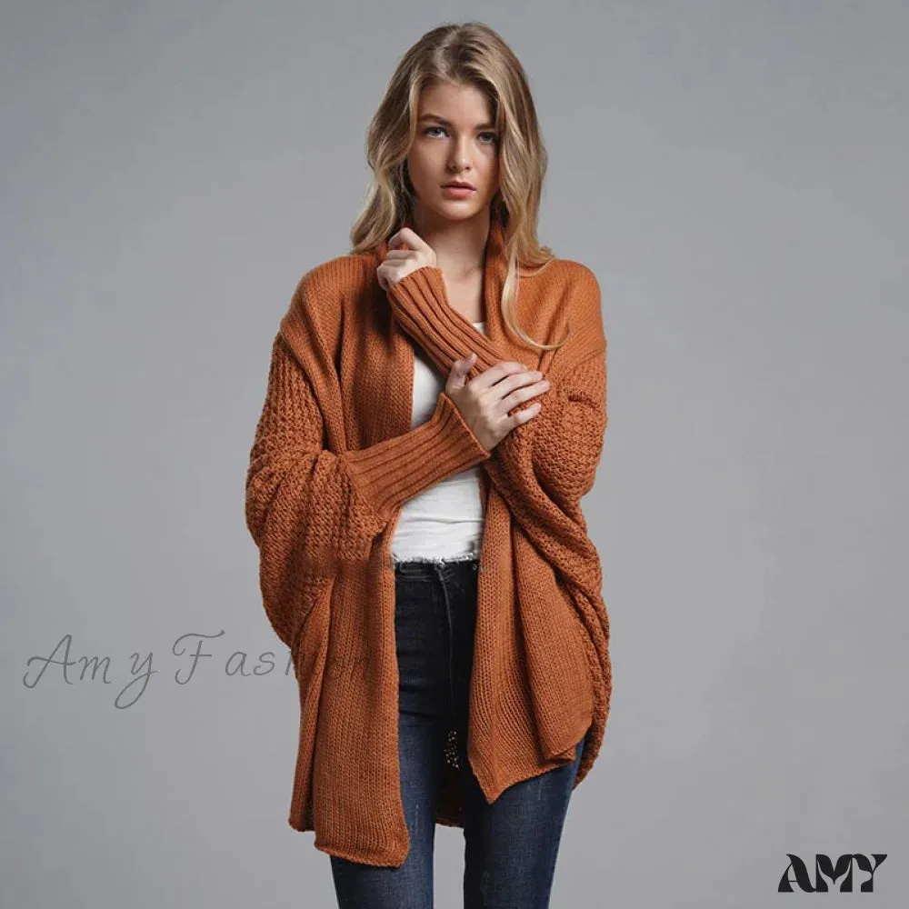 Amy Fashion - Oversized Sweater Knitted Patchwork Batwing Sleeves Cardigan