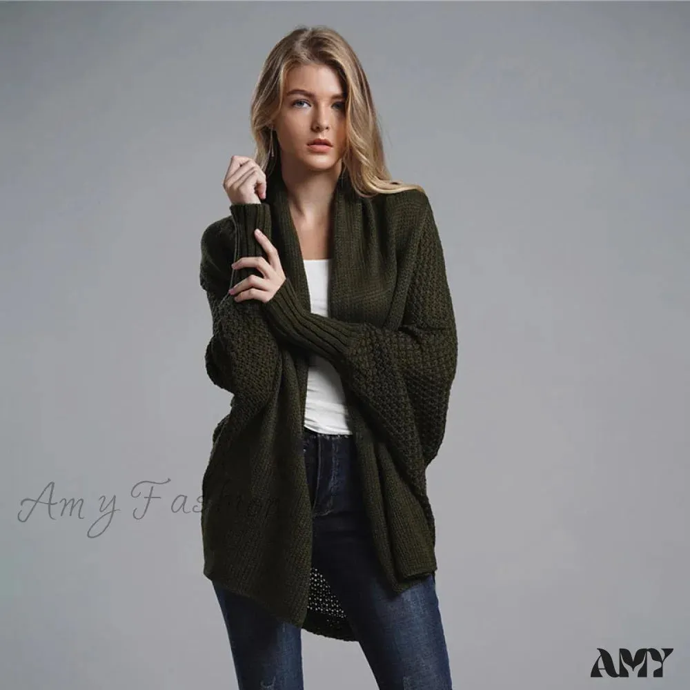 Amy Fashion - Oversized Sweater Knitted Patchwork Batwing Sleeves Cardigan