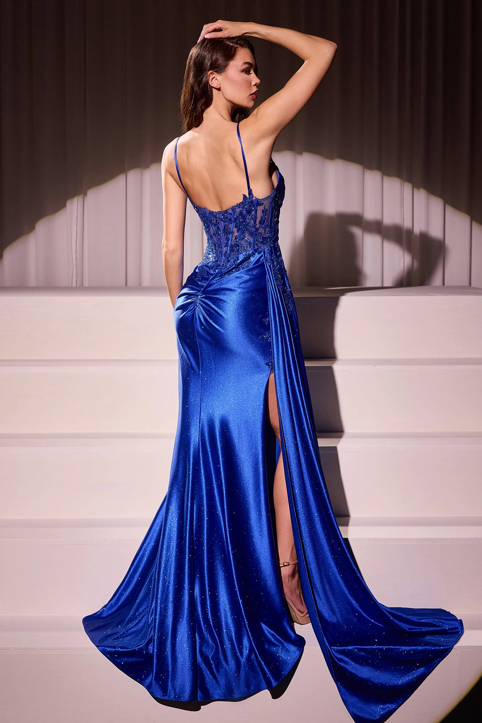 Applique Satin Sleeveless Slit Gown by Ladivine CDS524