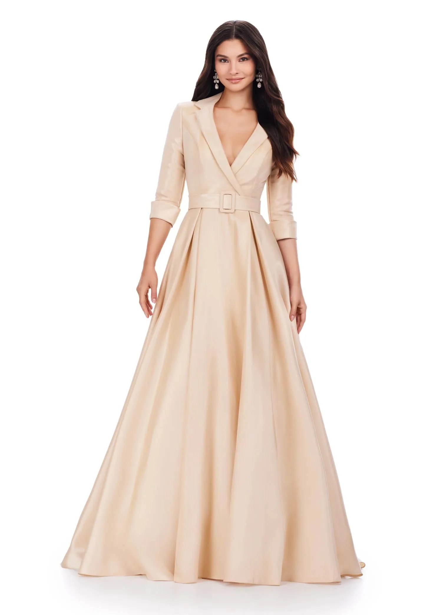 Ashley Lauren 11326 Satin Ballgown Long Sleeve Formal Dress Holiday Party Mother of Gown
