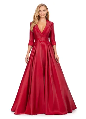 Ashley Lauren 11326 Satin Ballgown Long Sleeve Formal Dress Holiday Party Mother of Gown