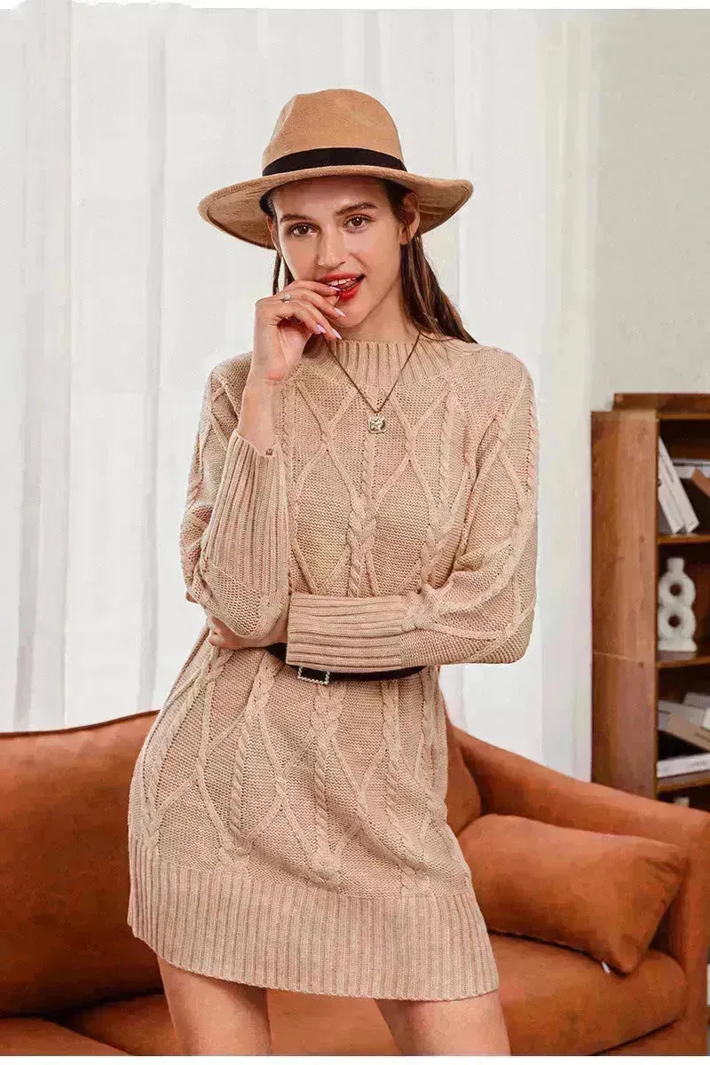Autumn Winter Round Neck Mini Knitted Wool Sweater Dress