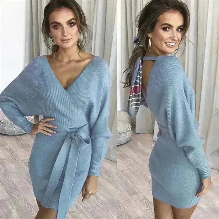 Autumn Winter Slim Fit V-neck Mini Wrap Sweater Dress