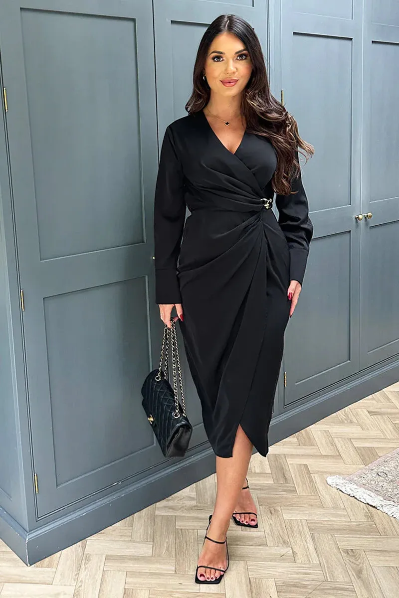 AX PARIS BLACK WRAP GOLD BUCKLE MIDI DRESS