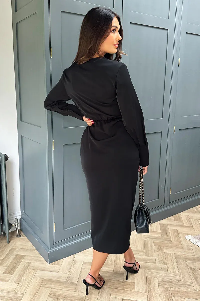 AX PARIS BLACK WRAP GOLD BUCKLE MIDI DRESS
