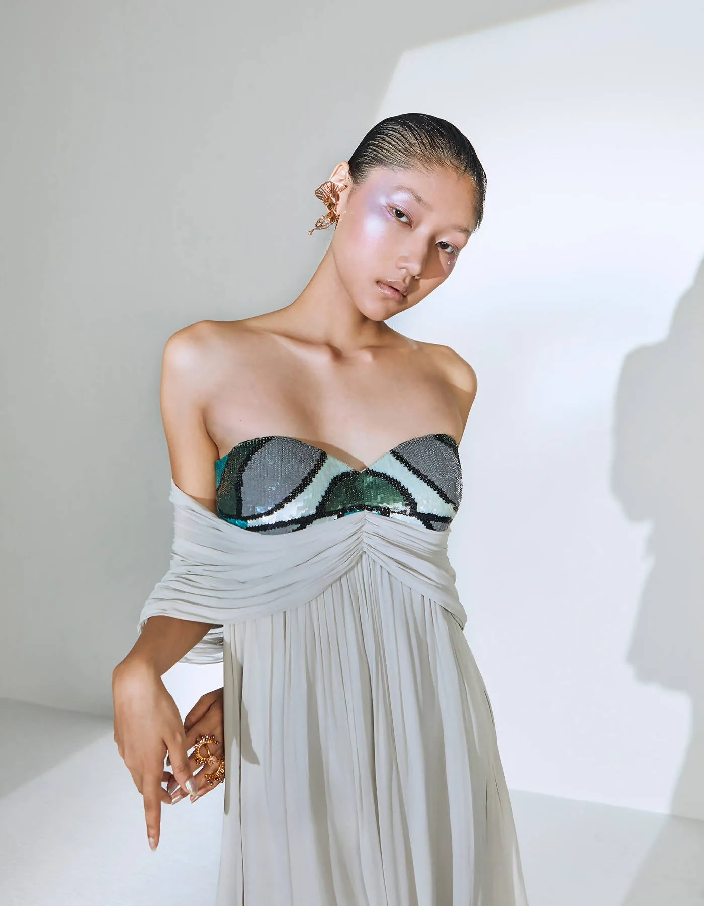 Bandeau Embellished Flared Dress in Gray