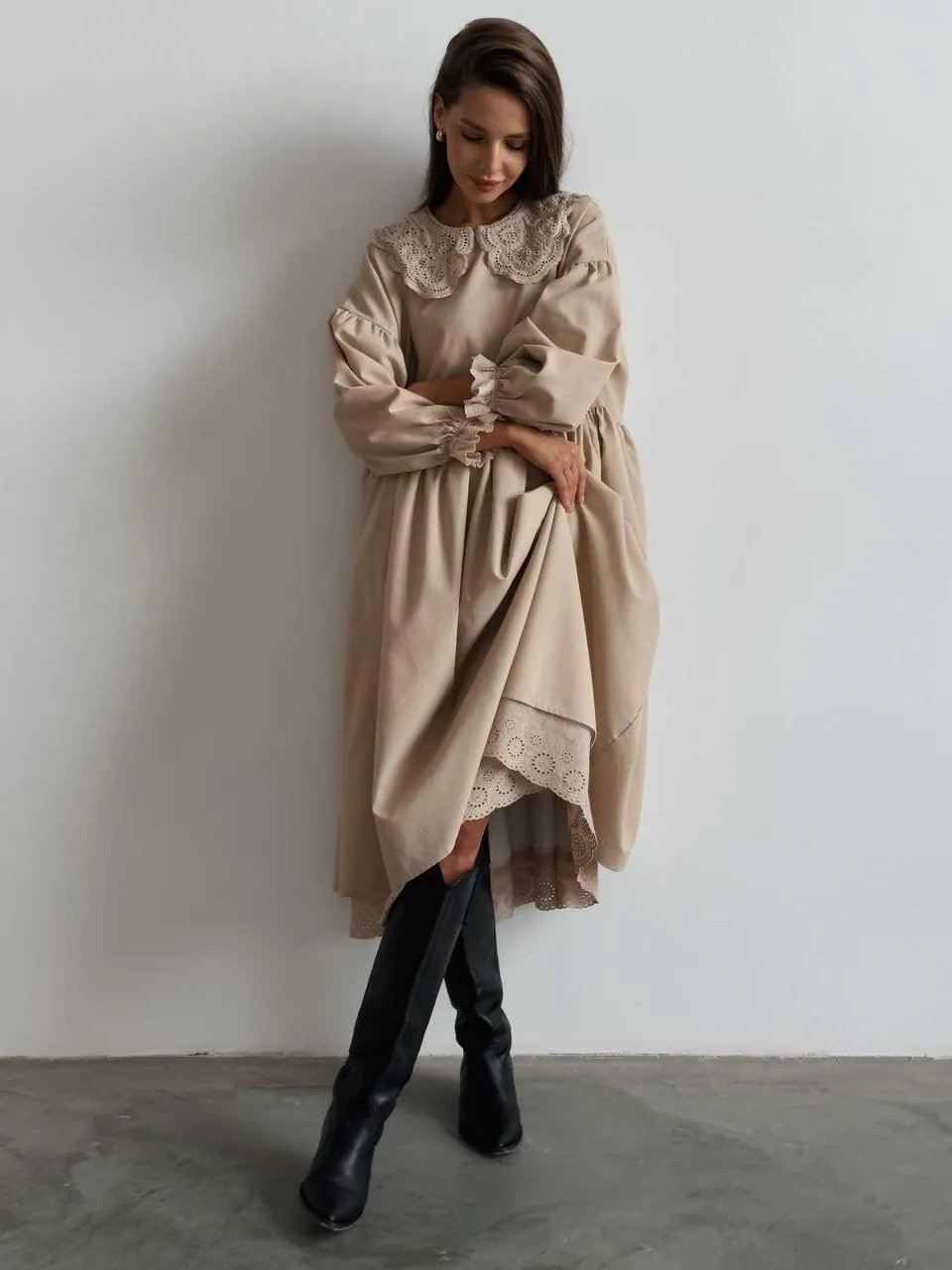 Beige Midi Dress with Lace Collar