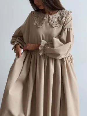 Beige Midi Dress with Lace Collar