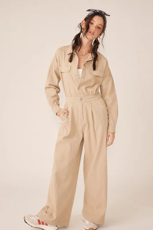 Beige Wide Legged Denim Twill Jumpsuit