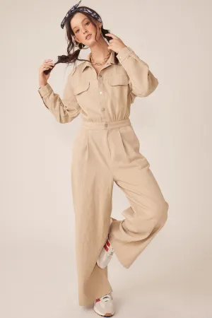 Beige Wide Legged Denim Twill Jumpsuit