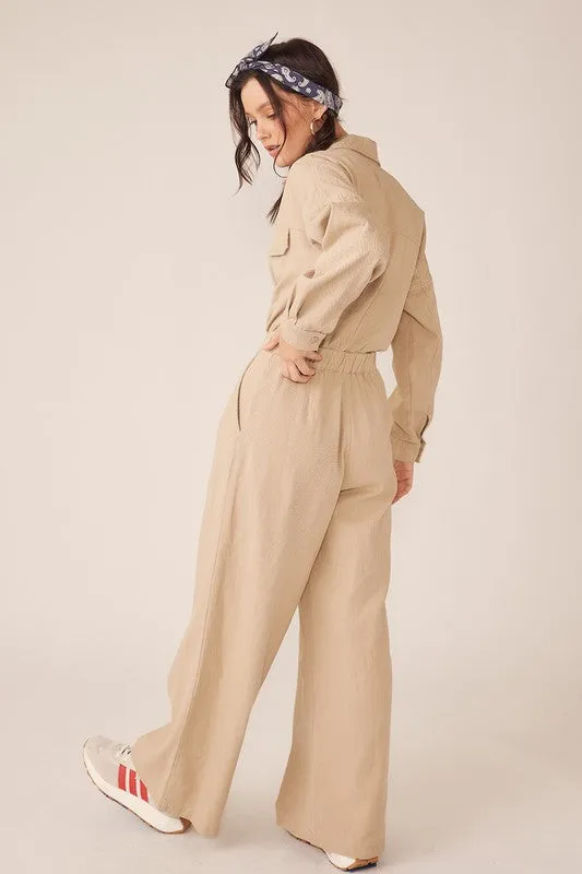 Beige Wide Legged Denim Twill Jumpsuit