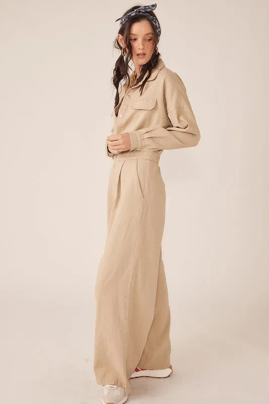 Beige Wide Legged Denim Twill Jumpsuit