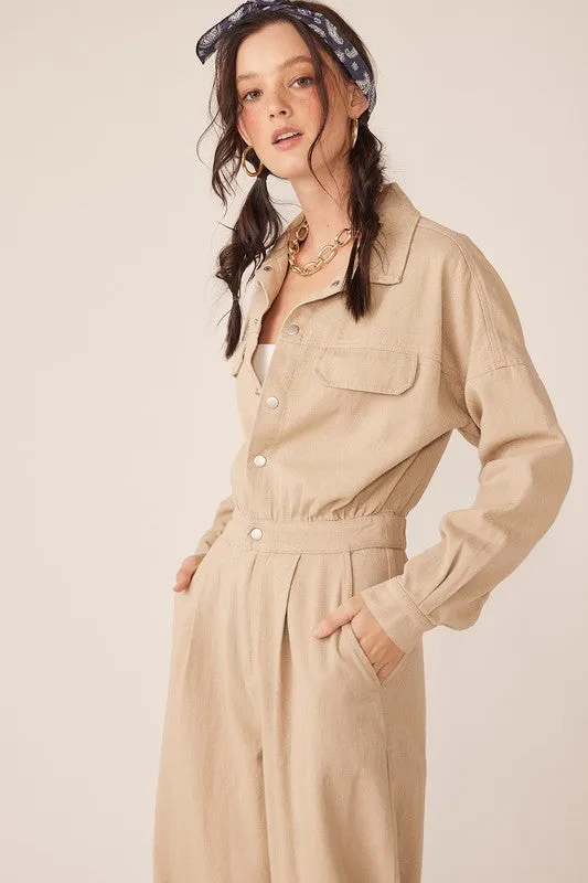 Beige Wide Legged Denim Twill Jumpsuit