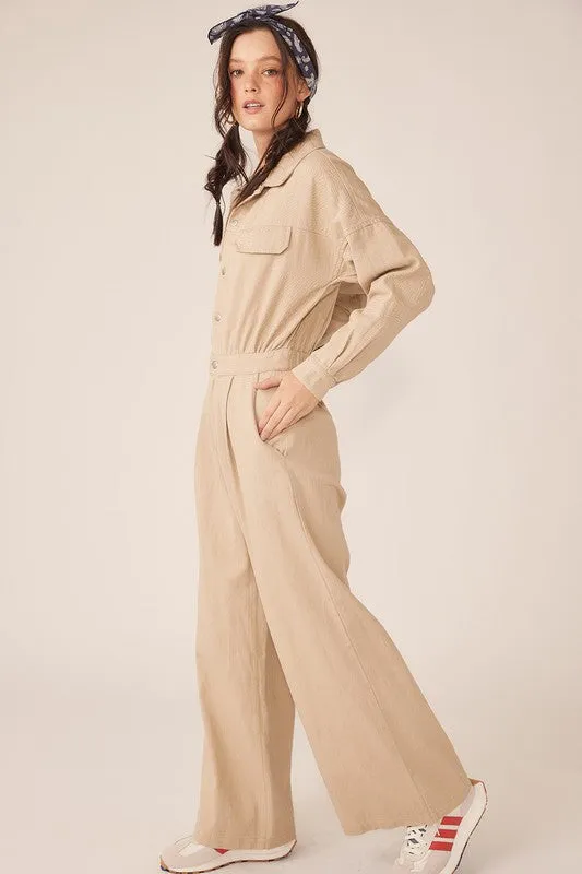 Beige Wide Legged Denim Twill Jumpsuit