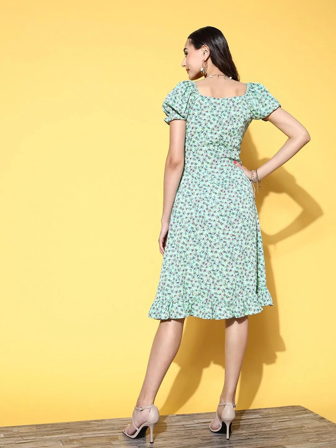 Berrylush Women Sea Green & Blue Floral Printed Sweetheart Neck Crepe Ruffled A-Line Midi Dress