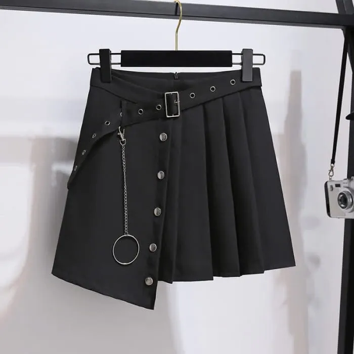 Black Chain Lapel Crop Blazer Irregular Belted Pleated Skirt