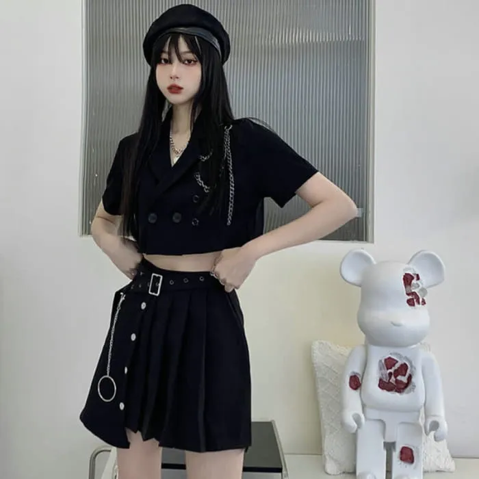 Black Chain Lapel Crop Blazer Irregular Belted Pleated Skirt