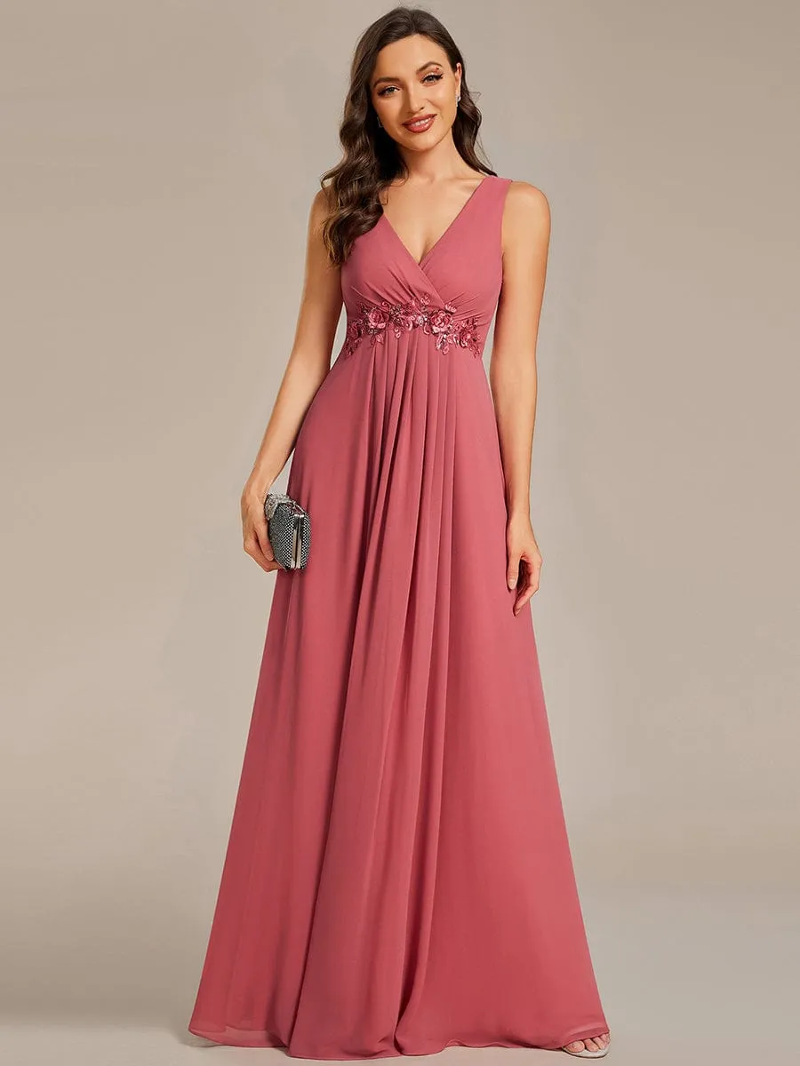 Bonny V Neck chiffon event gown with applique
