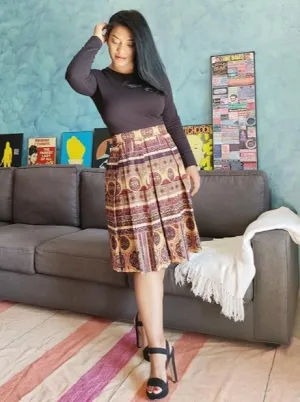 Brown Printed Cotton Box Pleated Midi Skirt