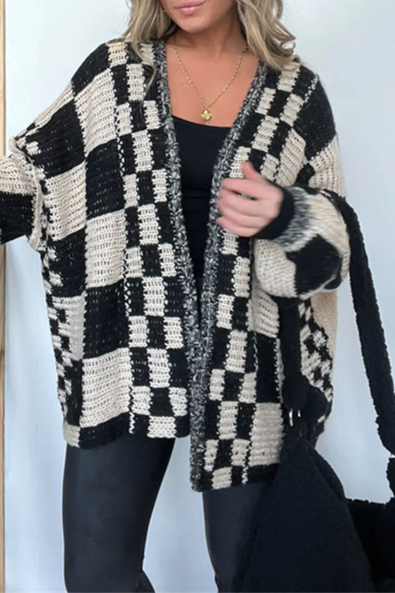 Casual Plaid Weave Contrast V Neck Outerwear