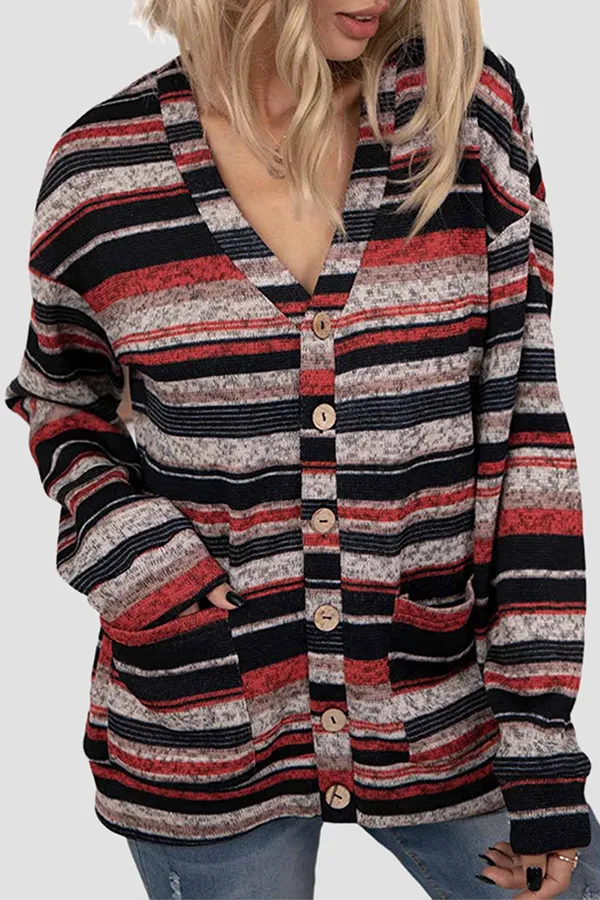 Casual Striped Pocket Buckle V Neck Outerwear