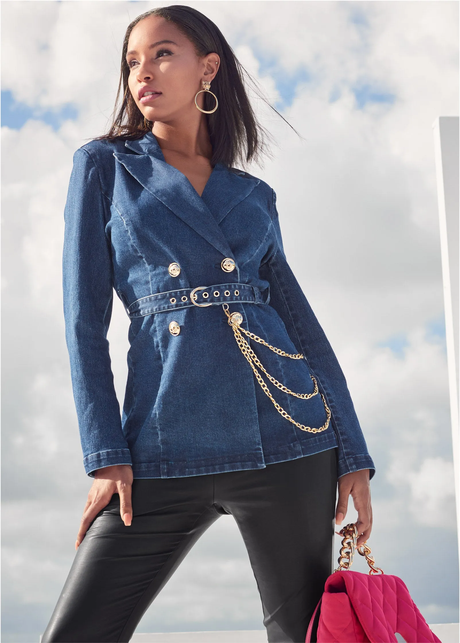 Chain Detail Belted Jean Jacket - Medium Wash