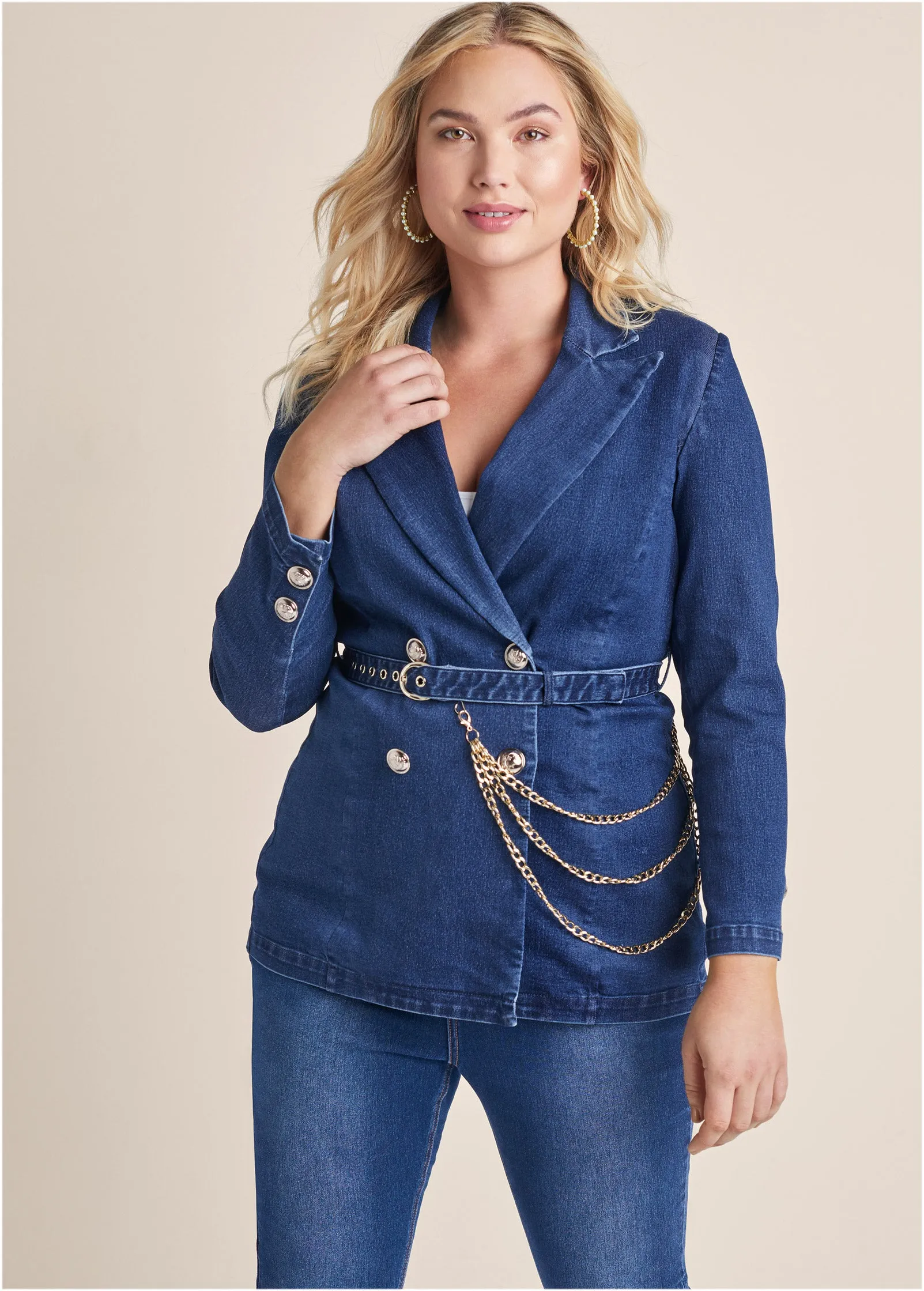 Chain Detail Belted Jean Jacket - Medium Wash