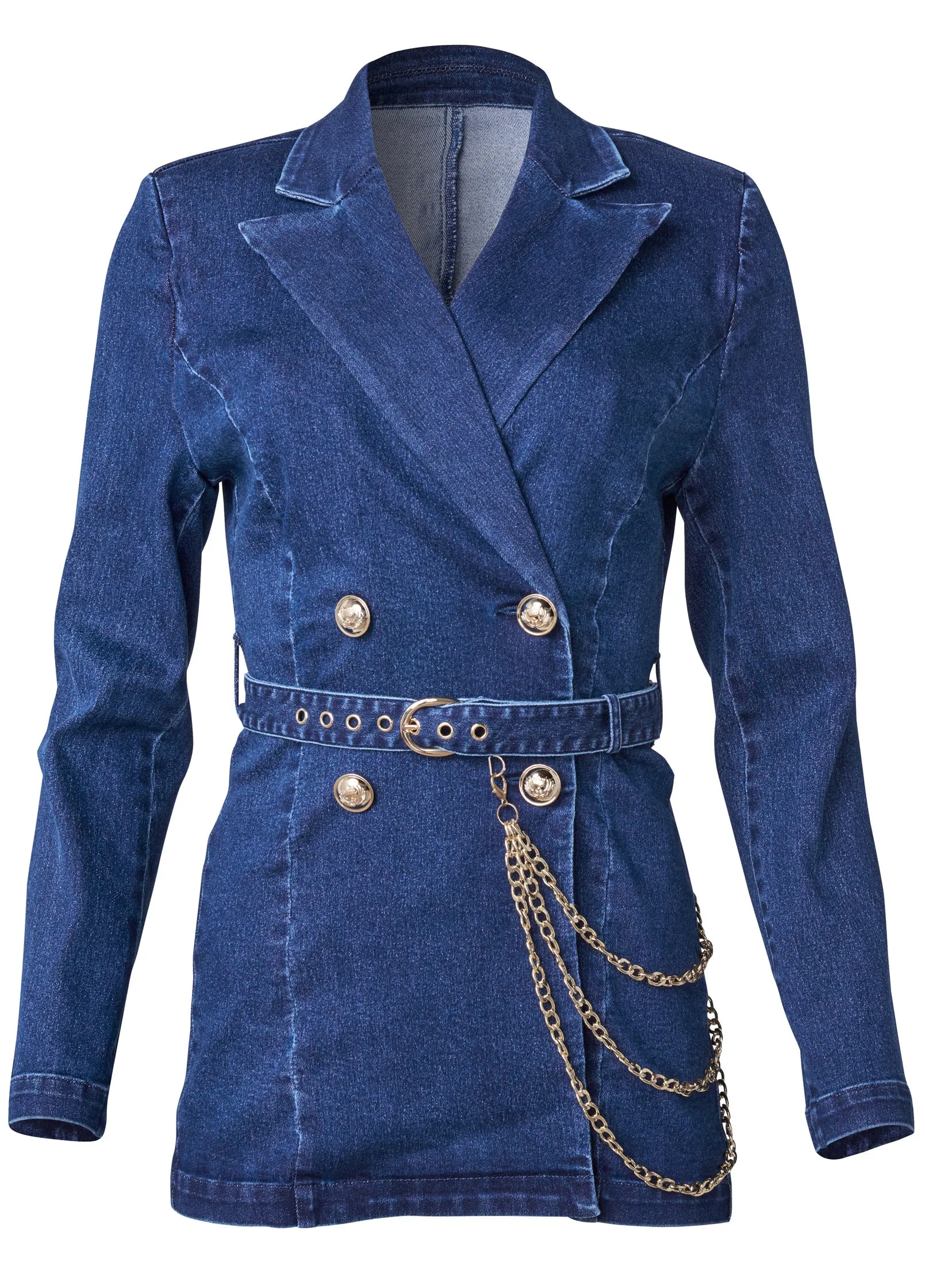 Chain Detail Belted Jean Jacket - Medium Wash