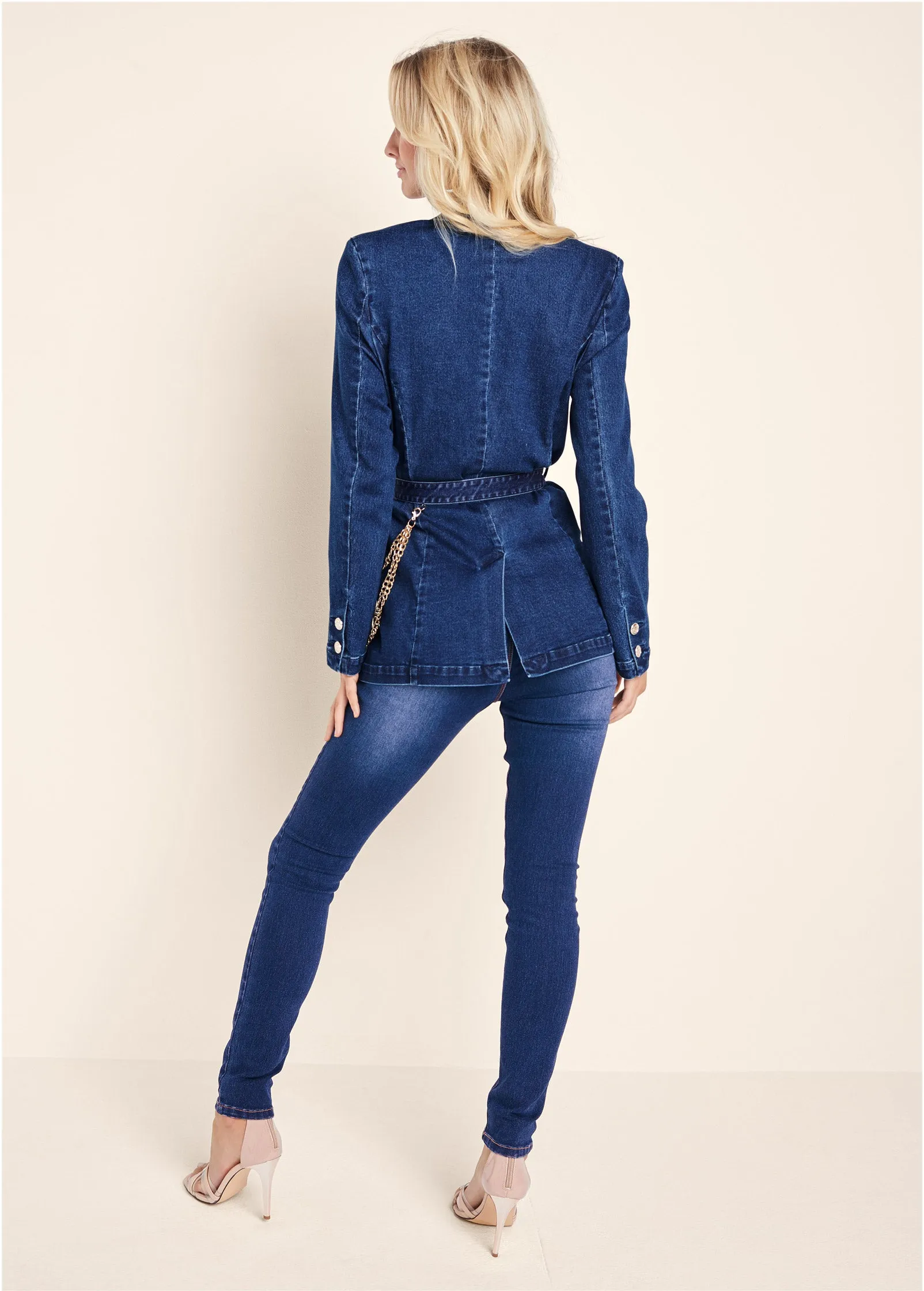 Chain Detail Belted Jean Jacket - Medium Wash