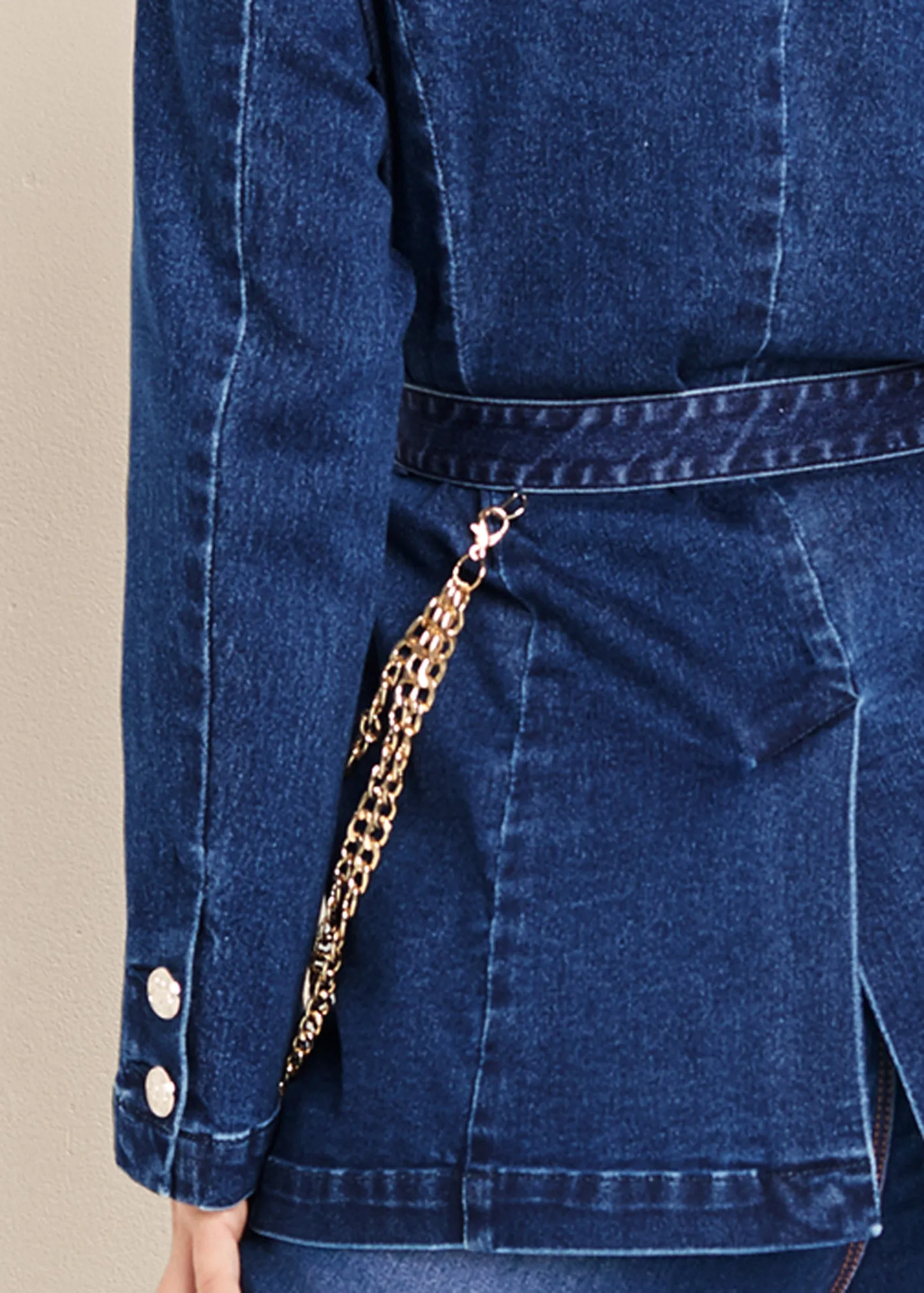 Chain Detail Belted Jean Jacket - Medium Wash