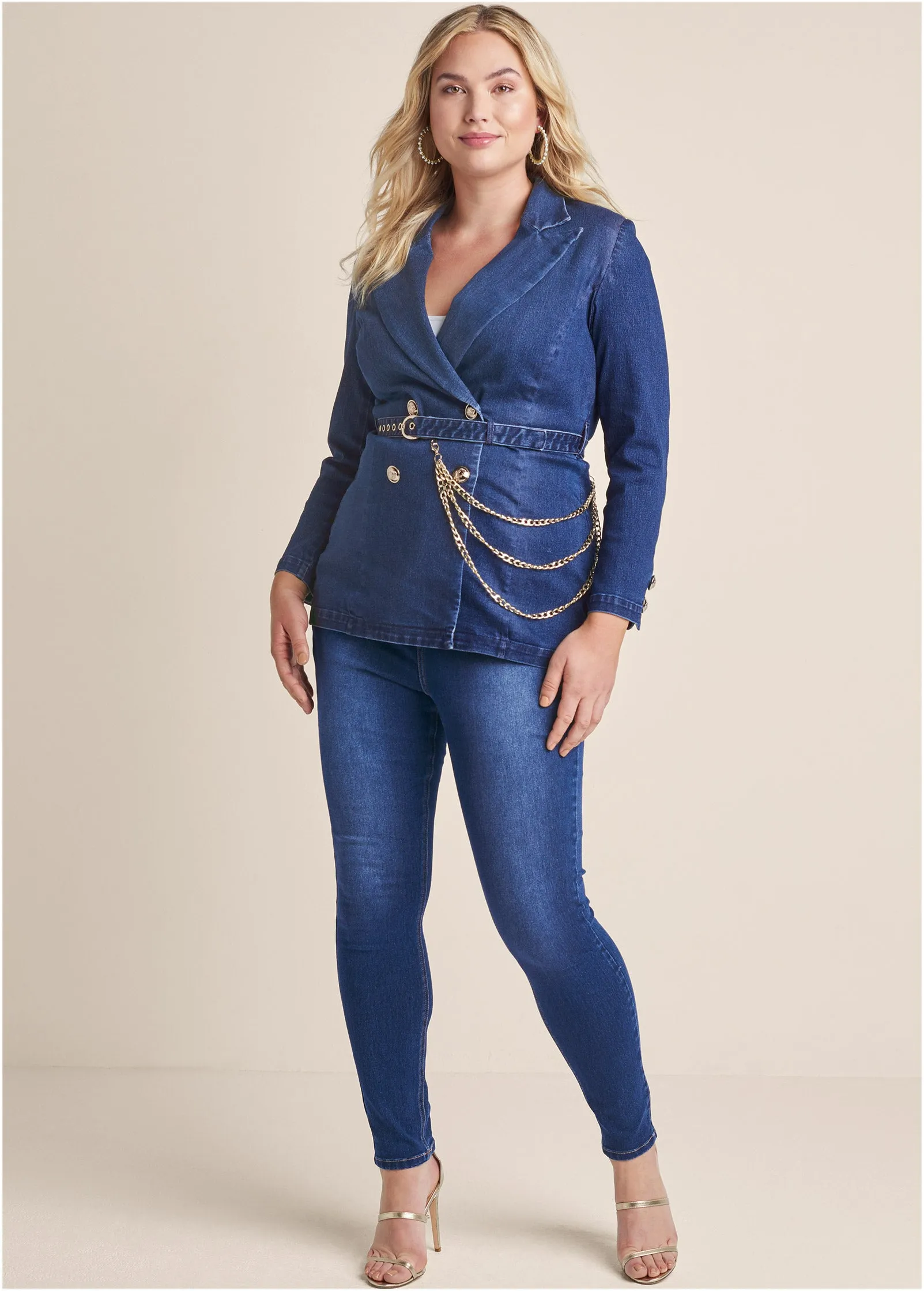Chain Detail Belted Jean Jacket - Medium Wash