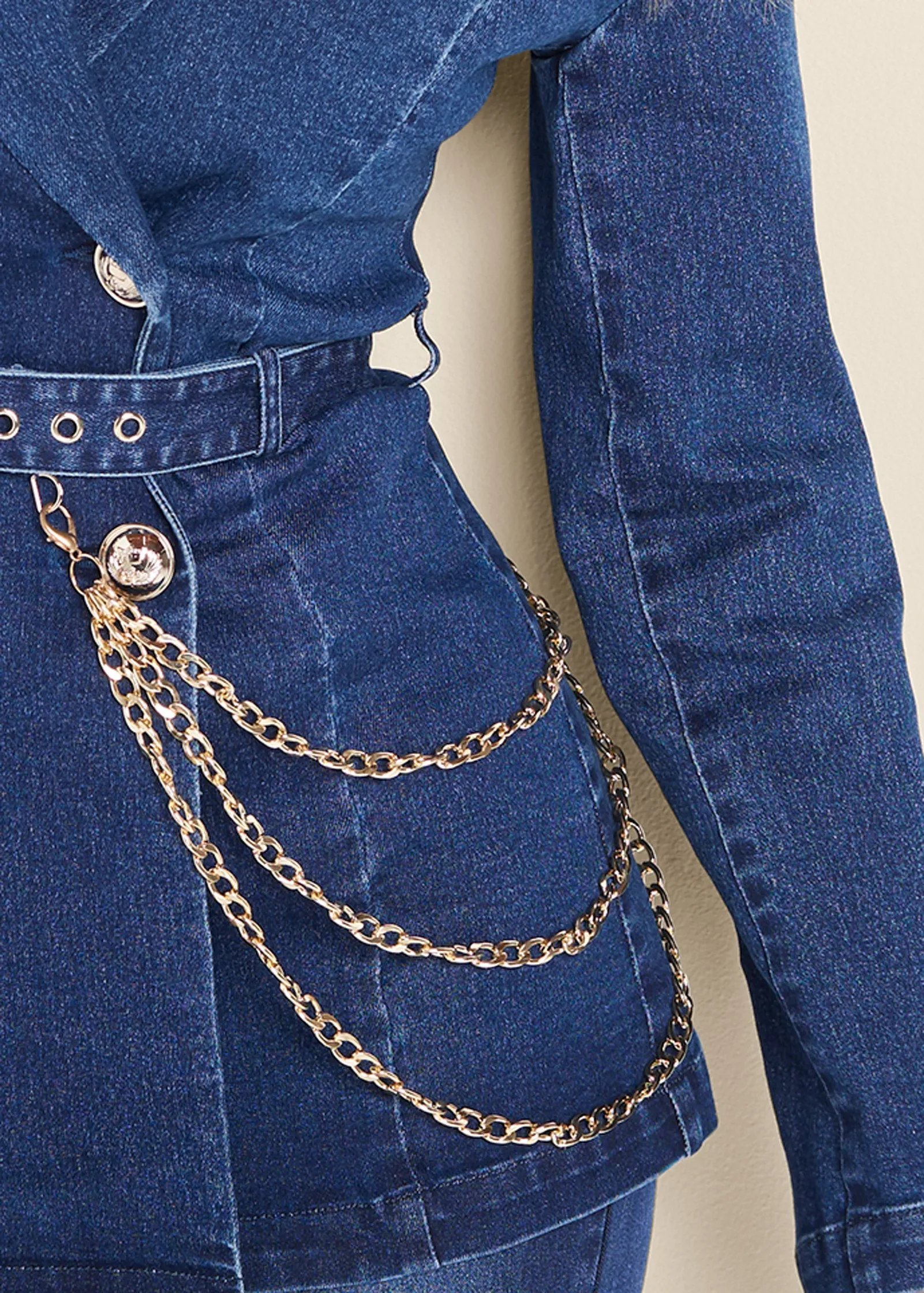 Chain Detail Belted Jean Jacket - Medium Wash