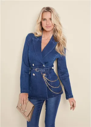 Chain Detail Belted Jean Jacket - Medium Wash