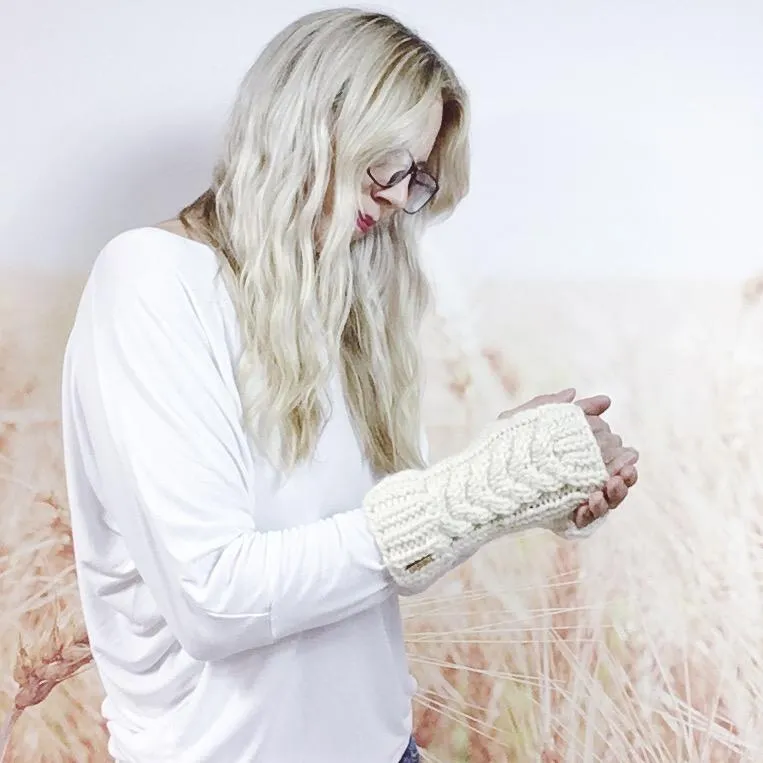 Cream Hand Knit Wrist Warmers for Women, Women's Knitted Fingerless Texting Gloves
