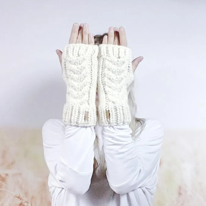Cream Hand Knit Wrist Warmers for Women, Women's Knitted Fingerless Texting Gloves