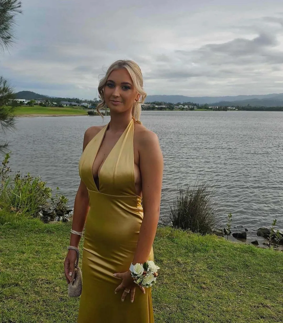 Deep V Neck Gold Satin Mermaid Long Prom Dress J3421