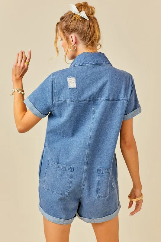 Denim Blue Button Front Distressed Denim Romper