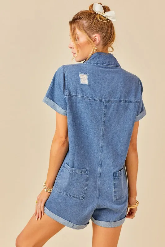 Denim Blue Button Front Distressed Denim Romper