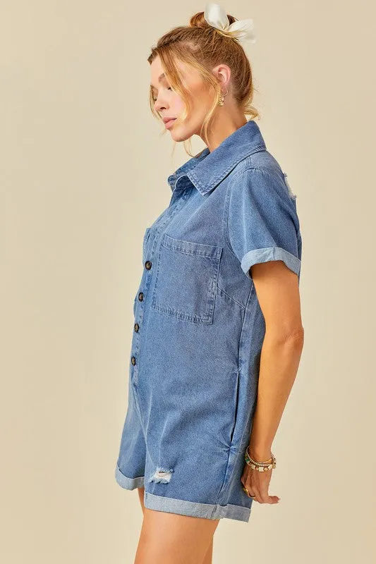 Denim Blue Button Front Distressed Denim Romper