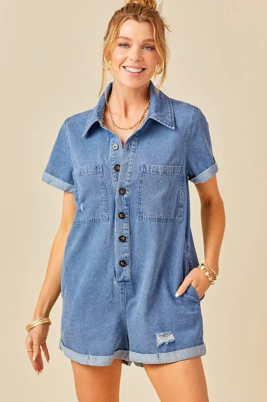 Denim Blue Button Front Distressed Denim Romper